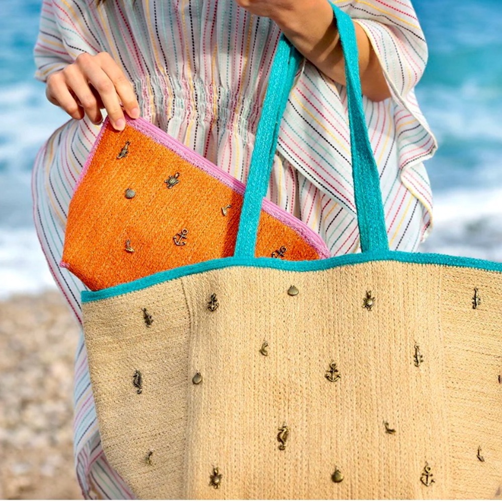 NEW Shiraleah Cici Natural Tote Bag Large Jute Sea Animal Charms Tan  12 x 22 - Picture 3 of 14